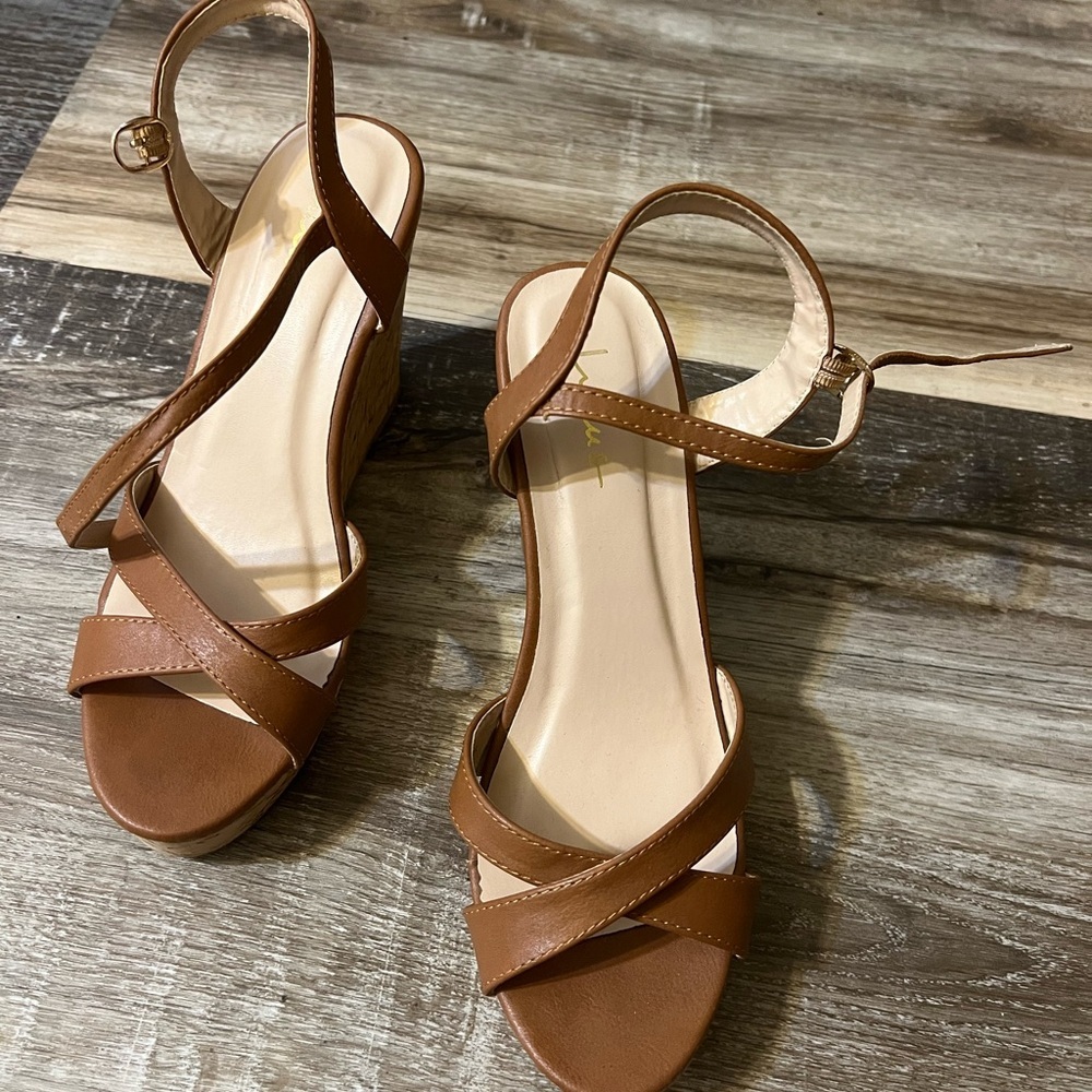 Brown Strappy Wedge Sandals